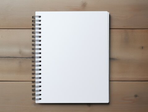 Top view of open spiral blank notebook on wood desk background. Generative Ai.