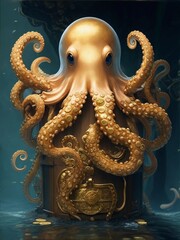 Obraz premium A Giant Octopus Embracing an Overflowing Treasure Chest of Gold Coins, Its Gaze Heavy with Contemplation