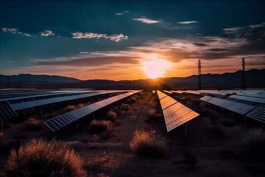Solar panels in a field at sunset. 