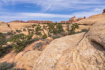 Fototapeta na wymiar hiking the chesler park loop trail in the needles in canyonlands national park, usa