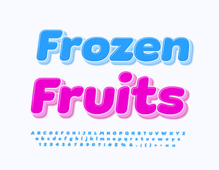 Vector advertising concept Frozen Fruits. Blue 3D Font. Glossy set of Alphabet Letters and Numbers