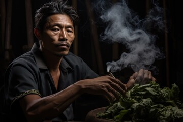 Asian man smoking marijuana  Dark and sullen shot of a man smoking