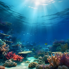 Fototapeta na wymiar sunny summer sea, underwater, marine life, ship, coral, fish
