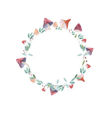 Watercolor autumn wreath, mushrooms and berries,fly agaric, round frame of wild mushrooms