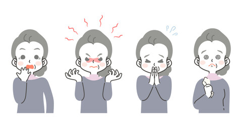 シニア女性のいろいろな感情・表情のイラスト素材セット（驚く・慌てる・怒り・謝罪・お願い・悲しい・寂しい）