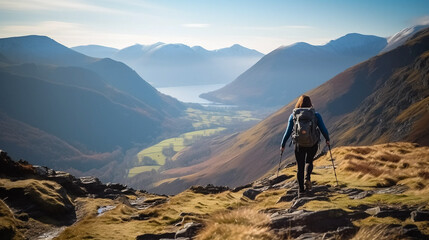Female hiker descending a rocky path towards Sail from Crag Hill with distant views of High Stile and Red Pike - obrazy, fototapety, plakaty
