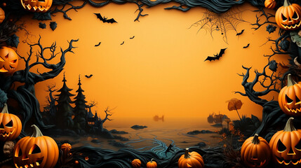 Happy halloween holiday concept. Halloween decorations, bats, ghosts on orange background - obrazy, fototapety, plakaty