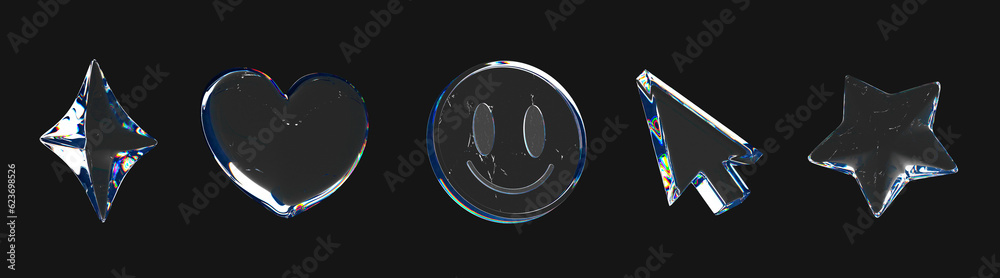 Fototapete 3d trendy holographic retro futuristic set icon with smile, heart, arrow and star. holo y2k style. c