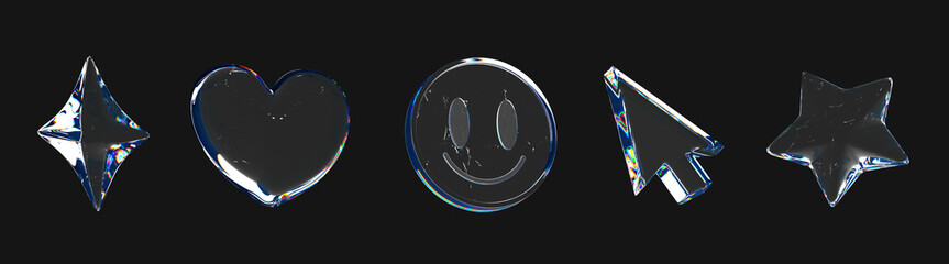 3D Trendy holographic retro futuristic set icon with smile, heart, arrow and star. Holo y2k style. Crystal glass element. Overlay dispersion light. Gradient icon on black background. 3D Rendering © accogliente