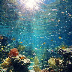 Naklejka premium Abstract underwater background, marine, coastal, world, fish, sunny, travel, beach, landscape 