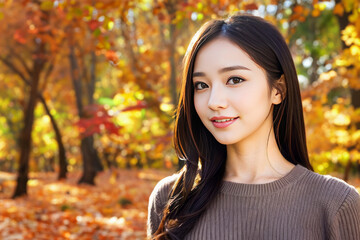 秋の紅葉した公園で笑顔の日本人女性(美人モデル)  - obrazy, fototapety, plakaty