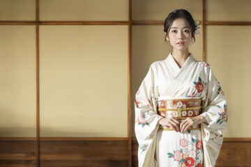 Fototapeta premium 和室でカメラ目線の着物・振袖の日本人女性(美人モデル)