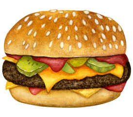 Watercolor drawing of a burger. Made manually. The concept of fast food.