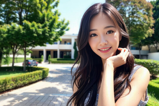  豪邸の前でカメラ目線で微笑むセレブの日本人女性(美人モデル) 