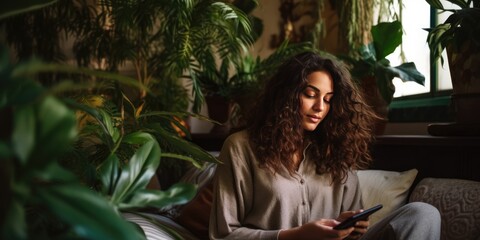 Fototapeta na wymiar Happy beautiful woman checking social media holding smartphone sitting on a sofa at home. Smiling young woman using mobile phone app playing game, shopping online, ordering delivery, generative ai