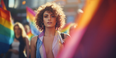 Young activist woman smiling and holding rainbow flag symbol of Lgbtq social movement. Women enjoying during march on street for lgbt rights. Diversity and gender identity concept, generative ai