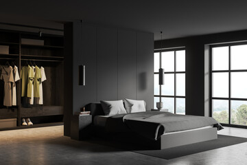 Gray bedroom interior with walk in closet