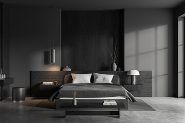 Gray and wooden bedroom interior