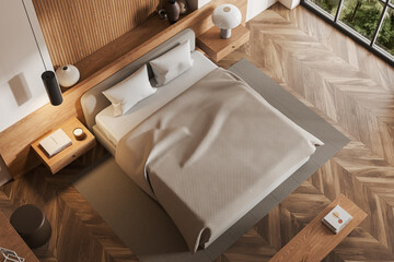 Top view of wooden bedroom interior with sleeping area and window