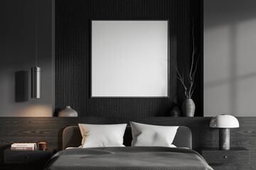 Grey bedroom interior with bed, nightstand and decoration. Mockup frame