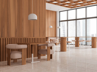 Fototapeta premium White and wooden restaurant corner with sofa, armchairs and stools