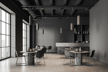 Fototapeta premium Dark coffee shop interior with dining table and seats, bar island and window