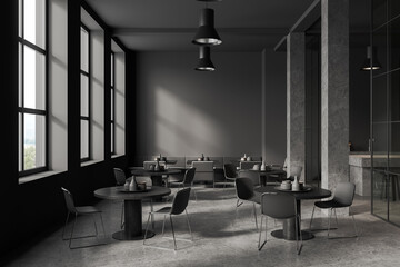 Gray cafe interior with sofa and columns