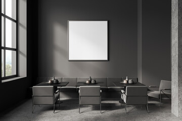 Grey restaurant interior with table and sofa, panoramic window. Mockup frame