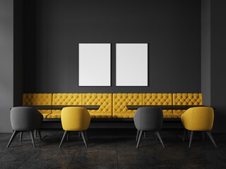Black cafe interior with seats and table, dining zone with couch. Mockup frames