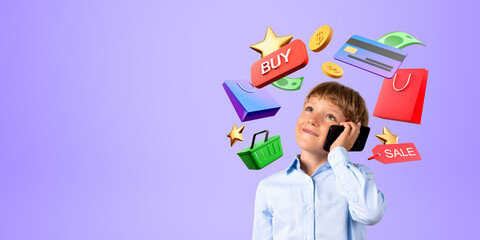 Smiling school boy with smartphone, online shopping and digital payment