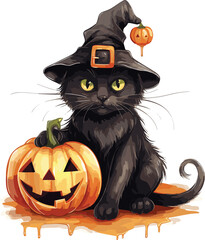 Cute doodle cat animal for halloween day with watercolor illustration.GenerativeAI.