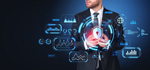 Businessman with smartphone in hands, big business data research and diagrams