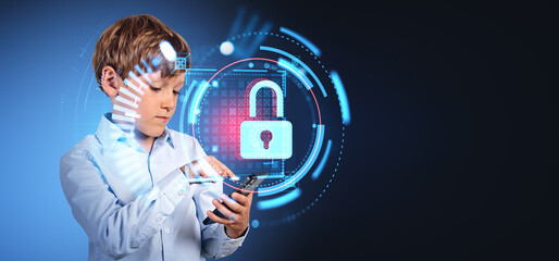 School boy finger touch phone, portrait with glowing cybersecurity hologram