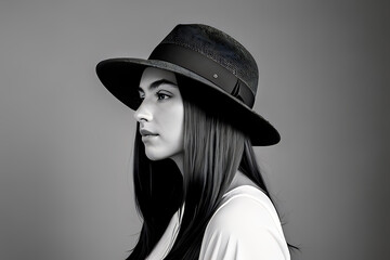 Young woman with straight hairs in hat black and white portrait ai generative