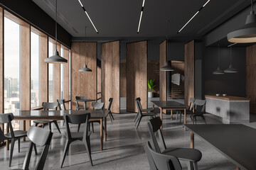 Stylish cafe interior with seats and table in row, dining zone with bar island