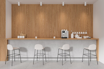 White and wooden office canteen interior with bar and coffee machine