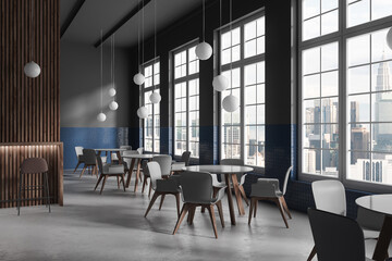 Stylish cafeteria interior with dining table and chairs in row, panoramic window