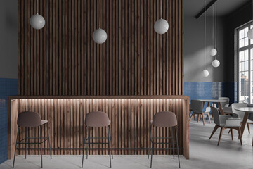 Gray and wooden cafe interior with bar counter