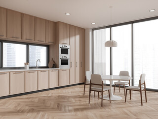 Modern design wooden kitchen interior with table and chairs, window with view and daylight. 3D rendering.