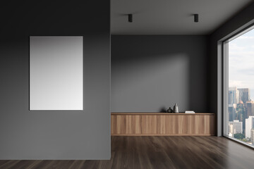 Grey home living room interior with drawer, decoration and window. Mockup frame