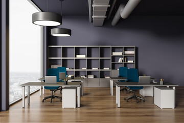 Classroom interior with table and chairs in row, shelf and panoramic window