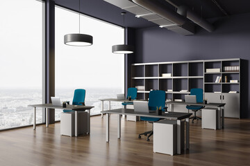 Dark blue panoramic open space office interior