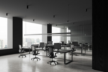 Workspace interior with coworking and glass meeting room, panoramic window