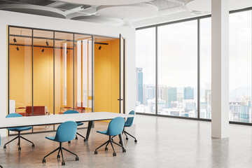 Bright business room interior with meeting and lounge zone, panoramic window