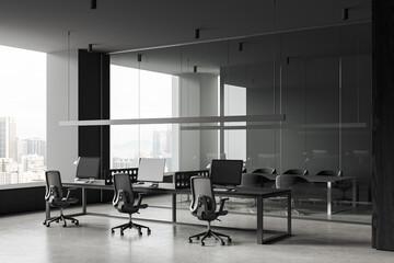 Business office interior with workspace and conference zone, panoramic window