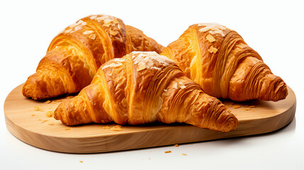 Croissant Französisches, blättriges Gebäck in Halbmondform auf einem Holzbrett isoliert auf einem weißem Hintergrund with Generative AI