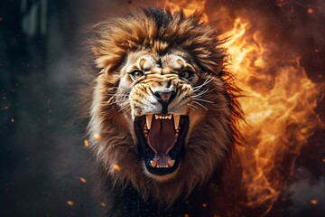 Fototapeta premium An angry lion with an open mouth. expression of anger. Portrait of a big male lion with open mouth on a dark background. Generative AI technology