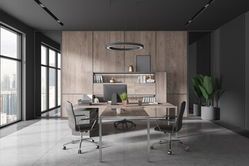 Grey office interior with work table and chairs, shelf with panoramic window