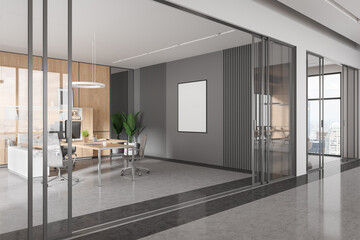 Modern business interior desk and armchairs, panoramic window. Mockup frame