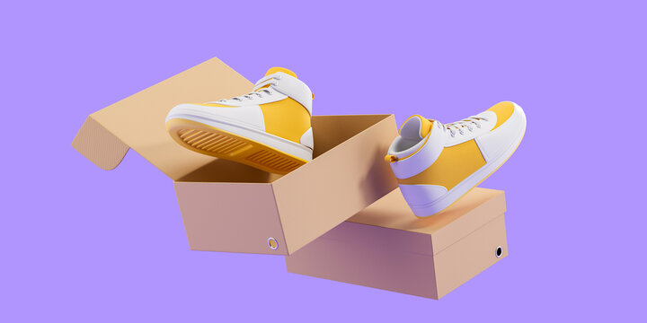 Yellow sneakers flying with carton box mockup copy space on purple background